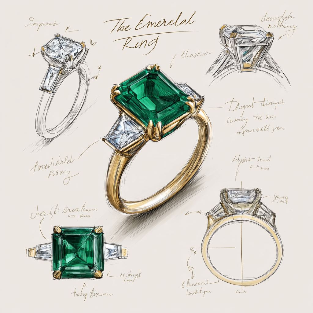A hand-drawn design concept sketch of an emerald-cut engagement ring with annotations